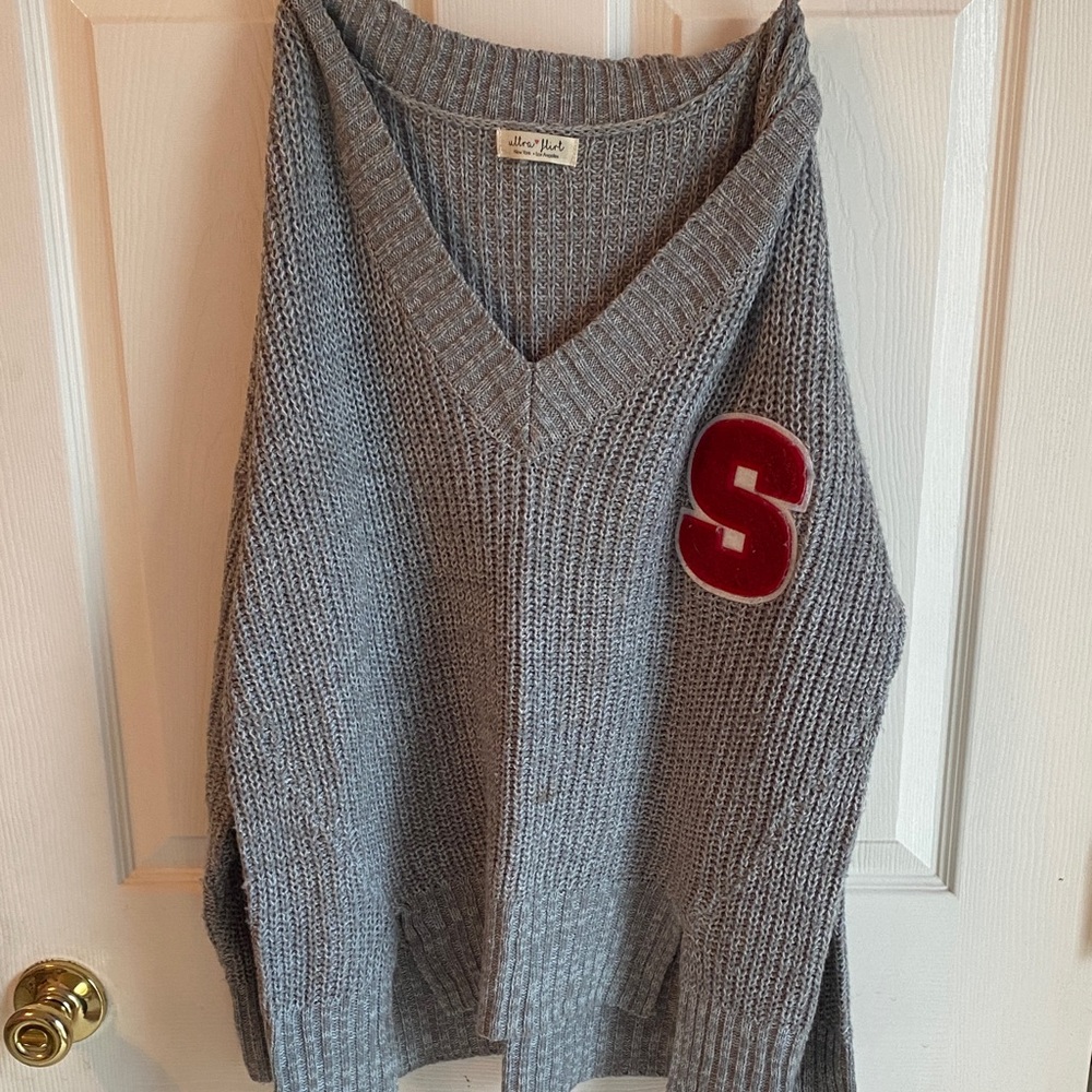 Free People Gray V-Neck Sweater with Red Letter Patch